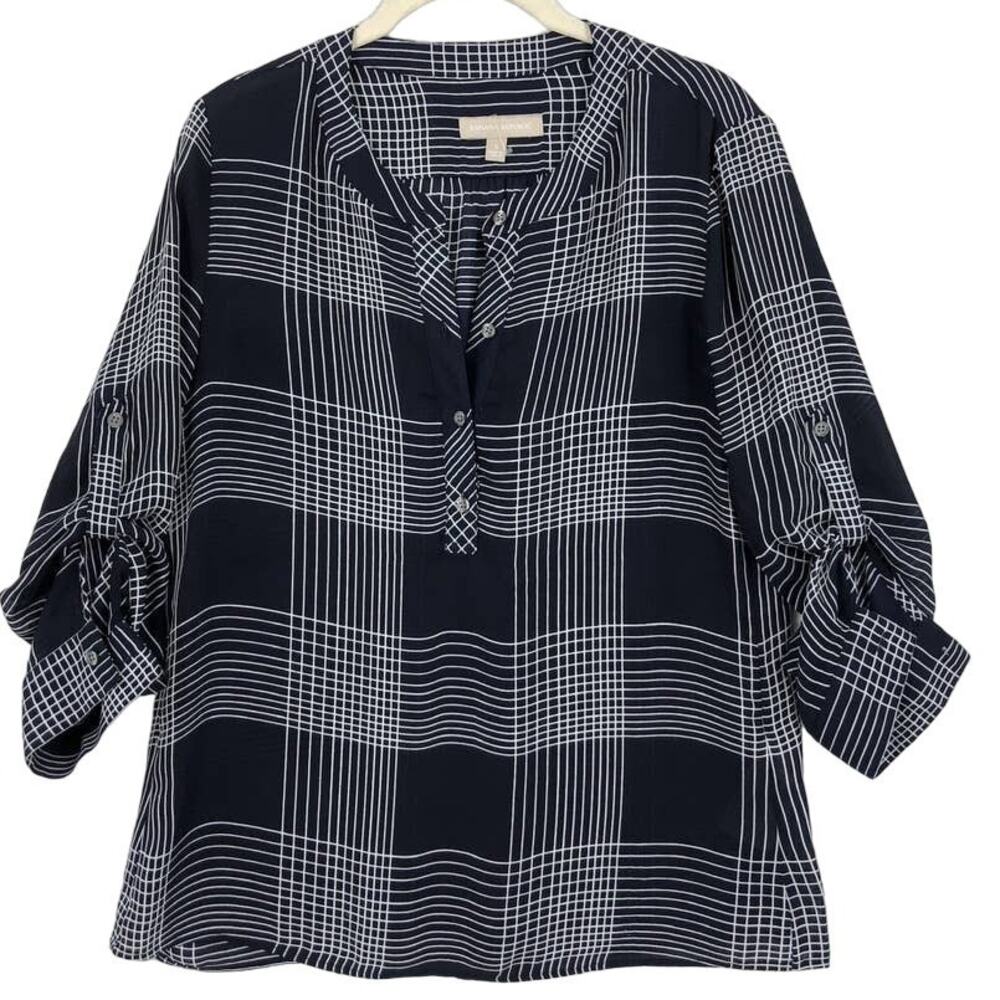 Banana Republic Top Womens Small Navy Blue White Plaid 3/4 Sleeve Semi Sheer